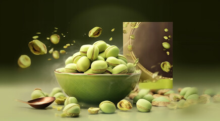 candies with pistachio flavor. Multicolored green icing for decoration. Sugar sweet dessert. Place for text, product promotional card. Generative AI
