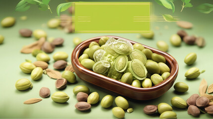 candies with pistachio flavor. Multicolored green icing for decoration. Sugar sweet dessert. Place for text, product promotional card. Generative AI
