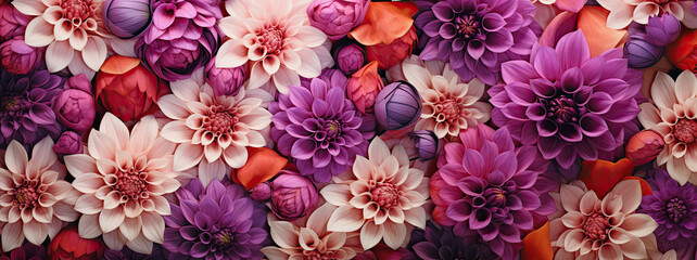 generative ai illustration banner sized background with purple and pink dahlia flowers - obrazy, fototapety, plakaty