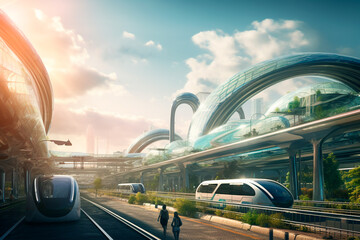 Maglev train speeding through futuristic eco-friendly city
