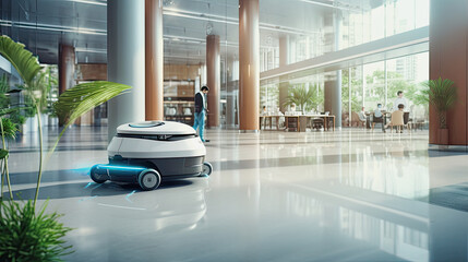 modern cleaning and vacuuming robot in a business building, generative midjourney ai