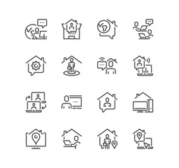 Set of work place related icons, remote worker, freelance job, office employee, internet work, remote teamwork, video conference, coworking and linear variety vectors.