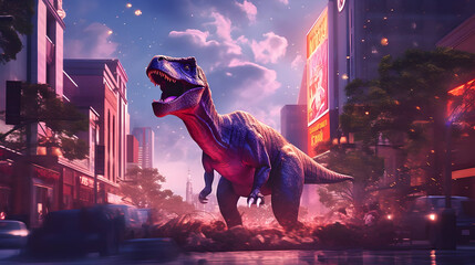 A photo og Dinosaur as a walkable city with lots of Purple space and a Beautiful Background Light Buildings Flash,Ai