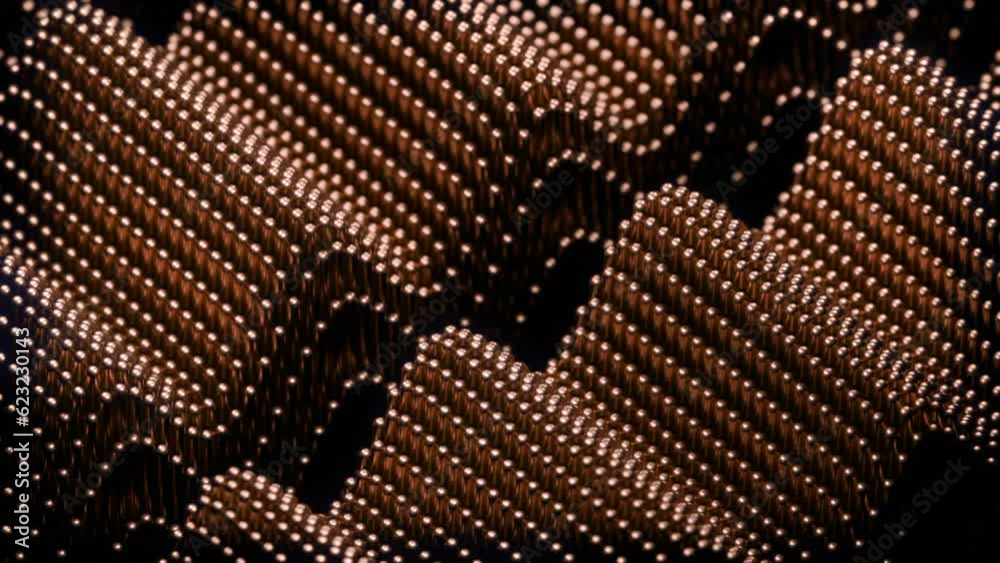 Poster 3d dots move with wave structure. design. 3d space with moving metal dots and colored waves. colored