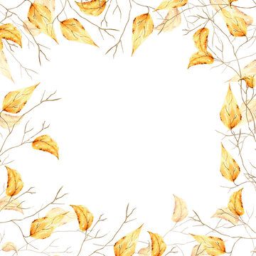Watercolor autumn frame with tree branch golden foliage. Hand painting sketch isolated on white background. For designers, decoration, shop, for 