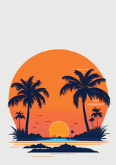 Evening on the beach with palm trees. illustration of tropical beach. Colorful picture for rest. Summer sunset agains