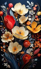 Beautiful arrangement of bright and stunning flowers in an interesting botanical pattern