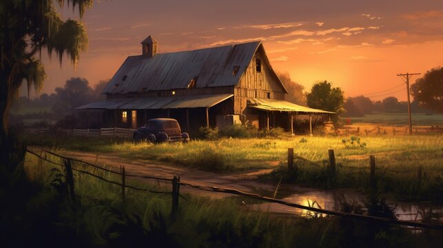  a painting of a barn with a truck parked in front of it.  generative ai
