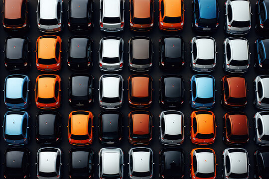 Overhead view of many different cars standing in rows in parking lot. Multicolored cars, texture wallpaper. Background for car dealership banner. Generative AI photo.