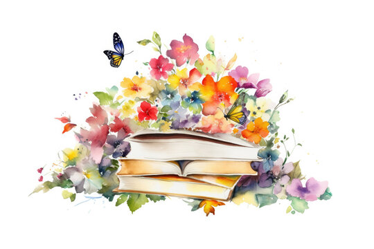 International literacy day, back to school watercolor illustration. Watercolor card with color books and flowers on white background