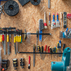 A set of random tools. Workshop. Order and organization of space and workplace.
