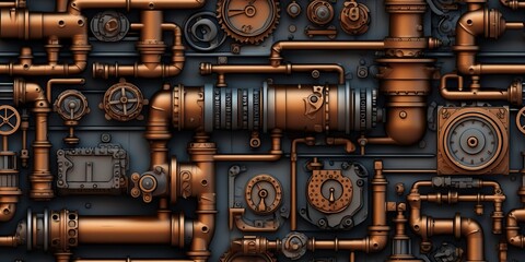 AI Generated. AI Generative. Steam punk pipes valve connection pattern decoration wallpapper design. Graphic Art - obrazy, fototapety, plakaty