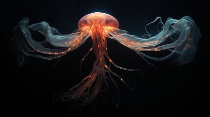  a jellyfish is glowing in the dark with its tentacles.  generative ai - obrazy, fototapety, plakaty