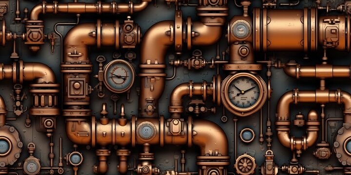 AI Generated. AI Generative. Steam punk pipes valve connection pattern decoration wallpapper design. Graphic Art