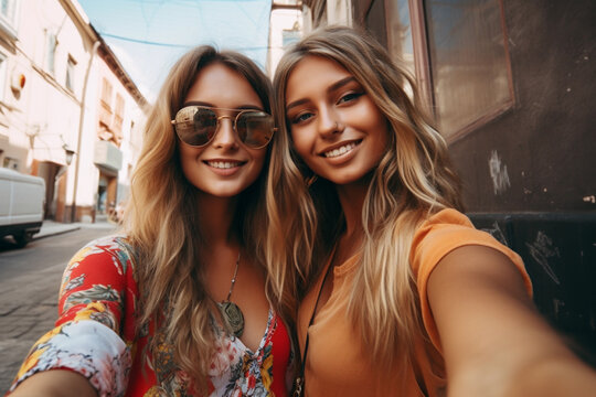 Two young stylish blonde women in summer hipster clothes taking selfie photo for social media on smartphone on street background