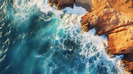 Obraz premium an aerial view of the ocean and rocky shorelines near a beach. generative ai