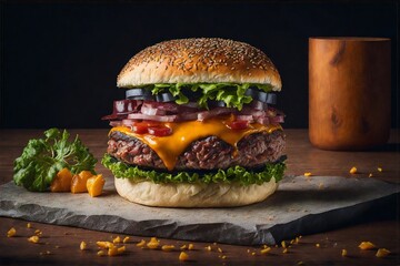 Homemade hamburger or burger with fresh vegetables and cheese.