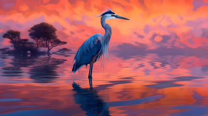 A serene and beautifully composed digital artwork featuring a heron set against a mesmerizing gradient background,Ai