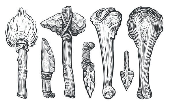 Set of prehistoric tools and equipment of a primitive caveman. Sketch vector illustration