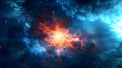 Obraz na płótnie Canvas Bright blue star shining in deep space, stellar explosion behind star clusters. High resolution galaxy background