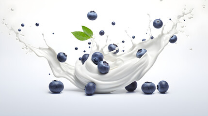 The collision of a yogurt explosion and succulent blueberries creates a mouthwatering display on a white canvas.