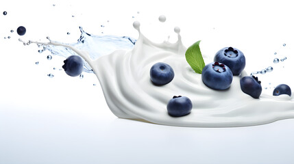 Against a pristine white background, a creamy yogurt splash mingles with plump blueberries in a captivating display.
