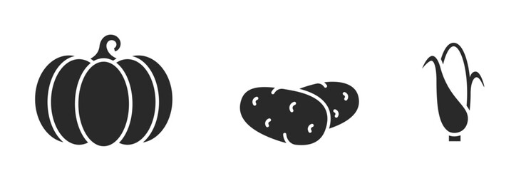 vegetable icon set. corn, potato and pumpkin. harvest, organic food and agriculture symbols