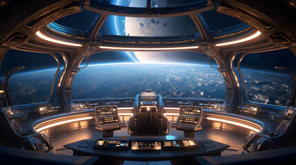 Futuristic interior of a space station with a view of Earth, Ai