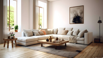 Fototapeta na wymiar Open space, white living room interior with a big rug on dark, hardwood floor and a beige corner sofa with cushions concept,Generative Ai
