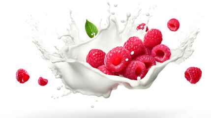 The collision of a yogurt explosion and succulent raspberries creates a mouthwatering display on a white canvas.