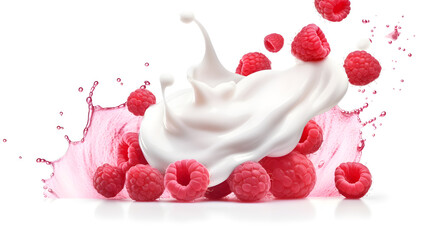 A symphony of flavors and textures comes to life as a yogurt splash collides with juicy raspberries, isolated on a clean white background.
