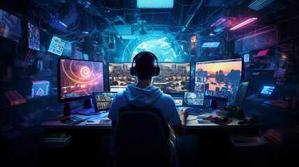 A dark room illuminated by the glow of three computer screens, a man deep in concentration, wearing headphones, a cluttered desk, walls covered in notes, all depicted in an edgy, cyberpunk style with 