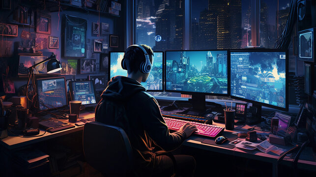 A dark room illuminated by the glow of three computer screens, a man deep in concentration, wearing headphones, a cluttered desk, walls covered in notes, all depicted in an edgy, cyberpunk style with 