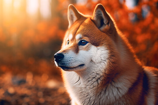 Portrait of a beautiful shiba inu dog in autumn forest. selective focus.
