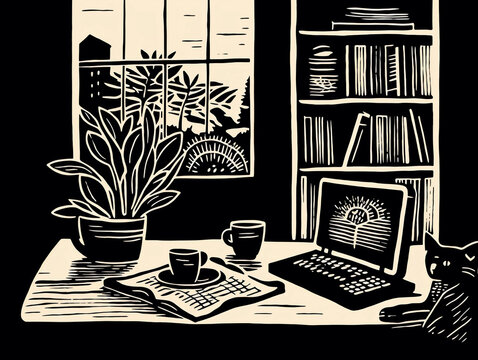 A home office scene imagined as a high contrast, monochrome linocut print, a desk with a laptop and papers, a bookshelf in the background, a pot of coffee, a cat curled up in a corner, simplicity and 