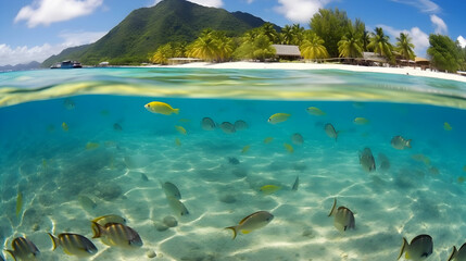 A bench of tropical fish in a clear and transparent blue water on a white sand bottom. Fish are silvery grey with yellow fins,Generative Ai