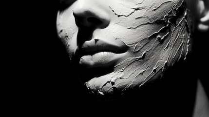 High definition, black and white image of a close - up woman's face highlighting the textures of a clay mask, dramatic lighting