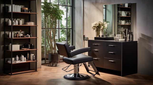 High definition image of a beauty salon chair with hair styling tools and products on a wooden table, loft style interior