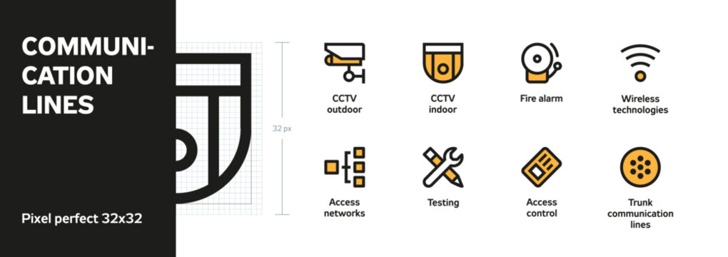 Сommunication lines. Pack of vector linear icons with transcription. Size: 32x32 px. Two colors.