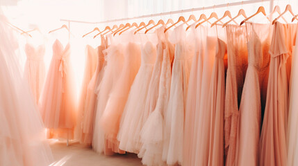 Beautiful and delicate haute couture clothing. Wedding  dresses for women. Dresses hanging on a rack in a clothing store. Light and subdued colors. Sale of women's clothing. Generative ai.