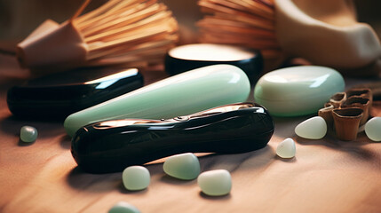 Photo of an array of beauty tools such as jade roller, gua sha and facial massager on a bamboo mat,...