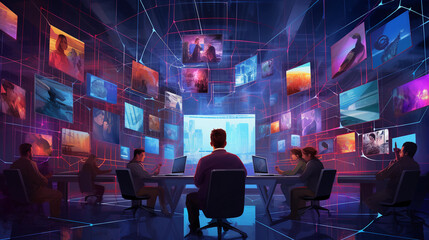 Video conferencing scene as seen through a fish - eye lens, multiple square boxes, each with a diverse individual engaged in discussion, burst of neon lines connecting them symbolizing connectivity, r