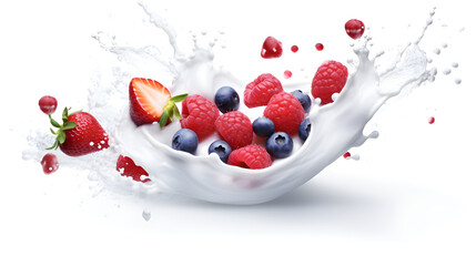A burst of yogurt collides with a vibrant mix of strawberries, blueberries, and raspberries, creating an irresistible splash on a clean white canvas.