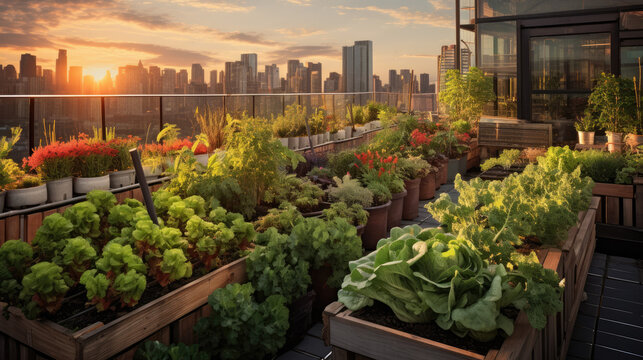 Urban rooftop adorned with a thriving vegetable garden cultivated in recycled containers. Generative AI