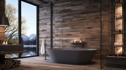  a bathroom with a large bathtub and a wooden wall.  generative ai