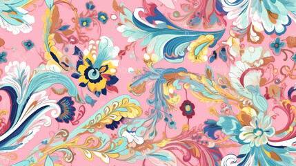  a pink background with colorful flowers and swirls on it.  generative ai