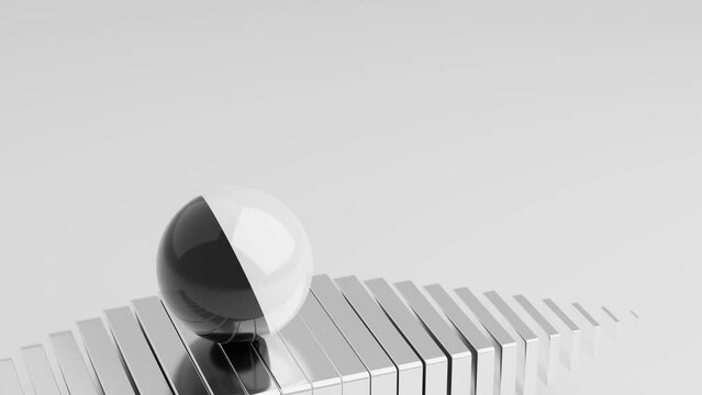 A black and white ball rolls on a metal platform, segments of which appear in front of the ball and disappear behind it. 3D render. 