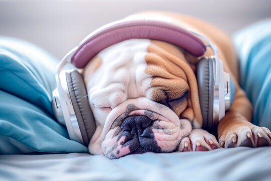 english bulldog lying down on the bed with headphones and listening to music. selective focus.