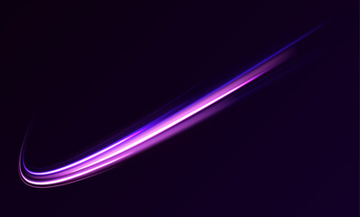 Vector dark blue abstract background with ultraviolet neon glow, blurry light lines, waves. High speed effect motion blur night lights blue and red. Magic shining neon light line trails.