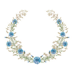 Watercolour wreath with cornflowers and wild herbs